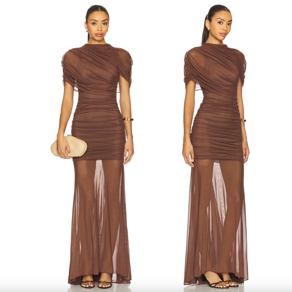Amanda Uprichard Revolve Evianna Mesh Gown Chocolate Brown Formal Maxi Dress